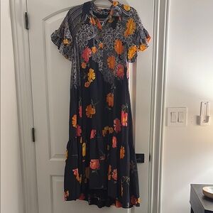 Anthropologie Orange and Pink Flutter Sleeve Maxi Dress